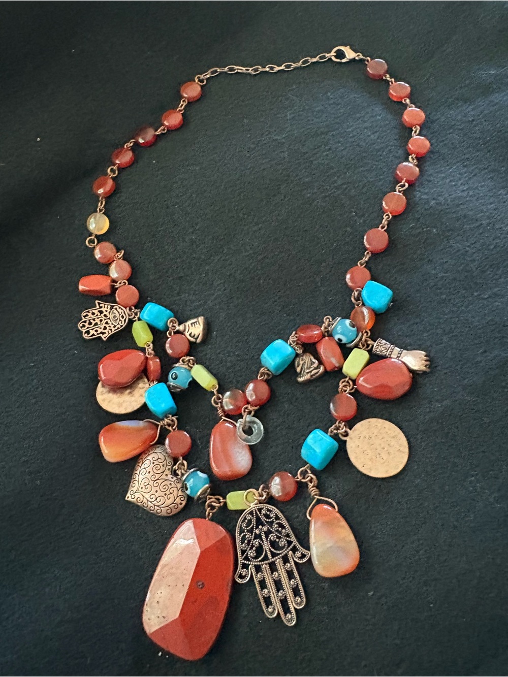 Vintage Bohemian Carnelian Quartz and Turquoise Stones Charm Statement Necklace